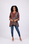 225534 Vintage Berry 3/4 Sleeve Patchwork Tunic