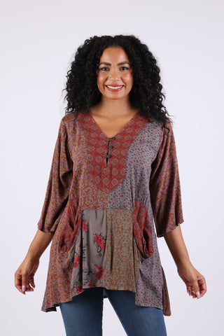 225534 Vintage Berry 3/4 Sleeve Patchwork Tunic