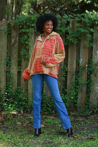 225536 Fleeced Patchwork Baggy Hoodie (Maple Bloom Line)