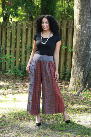 225537 Vintage Berry Fall Tone Patchwork Palazzo Pants