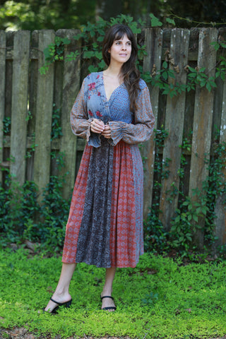 225540 V-Neck Patchwork Long Sleeve Dress (Vintage Berry)