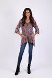 225541 Plum Meadow Patchwork Tunic: 3/4 Sleeve Relaxed Fit