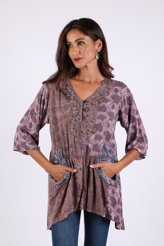 225541 Plum Meadow Patchwork Tunic: 3/4 Sleeve Relaxed Fit