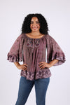 225542 Plum Boho Blouse Top: Ruffle Bell Sleeve