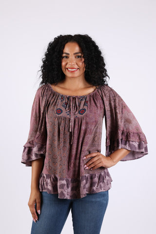 225542 Plum Boho Blouse Top: Ruffle Bell Sleeve