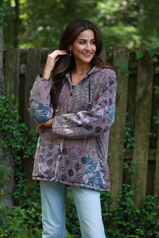 225543 Patchwork Hooded Fleeced Jacket (Plum Meadow)
