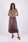 225550 Patchwork Tiered Button Maxi Skirt (Plum Meadow)