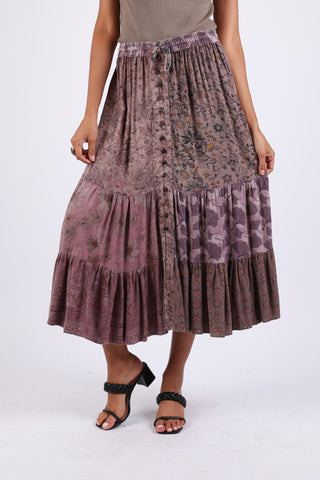 225550 Patchwork Tiered Button Maxi Skirt (Plum Meadow)