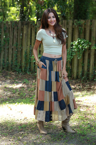 225552XXL Earth-Tone Denim Skirt: Patchwork Colorblock XXL