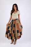 225552 Earth-Tone Denim Skirt: Patchwork Colorblock