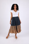 225555 Tiered Denim Patchwork Button Skirt (Sundrift Sepia)