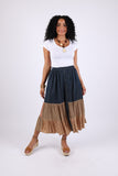 225555 Tiered Denim Patchwork Button Skirt (Sundrift Sepia)