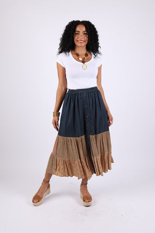225555 Tiered Denim Patchwork Button Skirt (Sundrift Sepia)