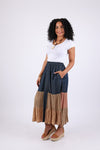 225555 Tiered Denim Patchwork Button Skirt (Sundrift Sepia)