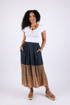 225555 Tiered Denim Patchwork Button Skirt (Sundrift Sepia)