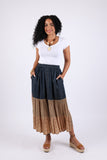 225555 Tiered Denim Patchwork Button Skirt (Sundrift Sepia)