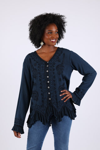 225561 Embroidered Vintage Boho Top Blouse: Earthy Stonewashed