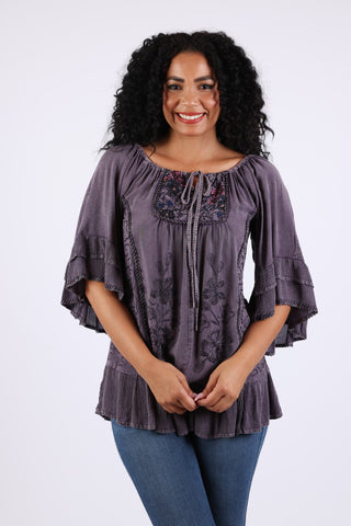 225564 Embroidered Boho Peasant Blouse: Ruffle Bell Sleeves Top