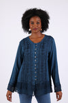 225565 Vintage Fall Boho Stonewashed Top: Embroidered Shirt