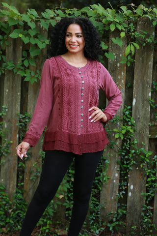 225565 Vintage Fall Boho Stonewashed Top: Embroidered Shirt