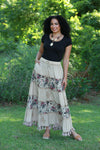 225567 Bohemian Maxi Skirt: Tiered Solid & Floral Print