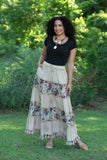 225567 Bohemian Maxi Skirt: Tiered Solid & Floral Print