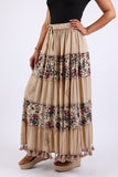 225567 Bohemian Maxi Skirt: Tiered Solid & Floral Print