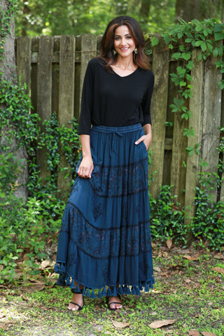 225567 Bohemian Maxi Skirt: Tiered Solid & Floral Print