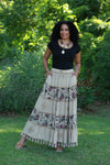 225567 Bohemian Maxi Skirt: Tiered Solid & Floral Print