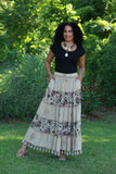 225567 Bohemian Maxi Skirt: Tiered Solid & Floral Print