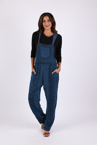 225568 Stonewashed Boho Embroided Overalls: Fall Colors