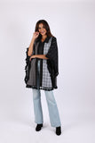 225573 Black/White Striped and Plaid Poncho with Tassels