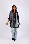 225573 Black/White Striped and Plaid Poncho with Tassels