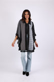 225573 Black/White Striped and Plaid Poncho with Tassels