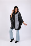 225573 Black/White Striped and Plaid Poncho with Tassels