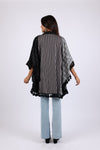 225573 Black/White Striped and Plaid Poncho with Tassels