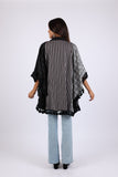 225573 Black/White Striped and Plaid Poncho with Tassels
