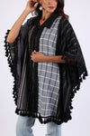 225573 Black/White Striped and Plaid Poncho with Tassels