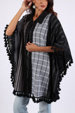 225573 Black/White Striped and Plaid Poncho with Tassels