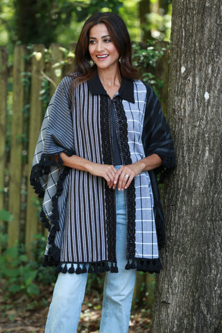 225573 Black/White Striped and Plaid Poncho with Tassels