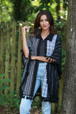 225573 Black/White Striped and Plaid Poncho with Tassels