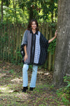 225573 Black/White Striped and Plaid Poncho with Tassels