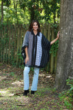 225573 Black/White Striped and Plaid Poncho with Tassels