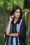 225573 Black/White Striped and Plaid Poncho with Tassels