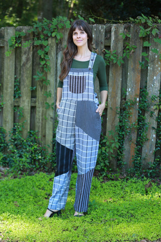 225576 Black/White Overall: Stripes & Plaid Patchwork