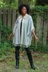 225583 Sage Green Patchwork Poncho with Tassels