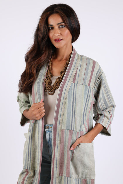 225585XXL Patchwork Long Kimono: Sage Green Stripes XXL