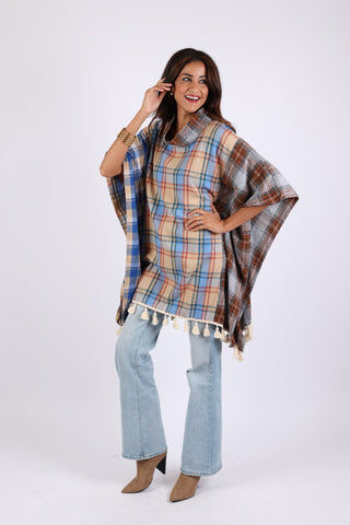 225601 Plaid Soft Toned Poncho: Flannel with Tassels
