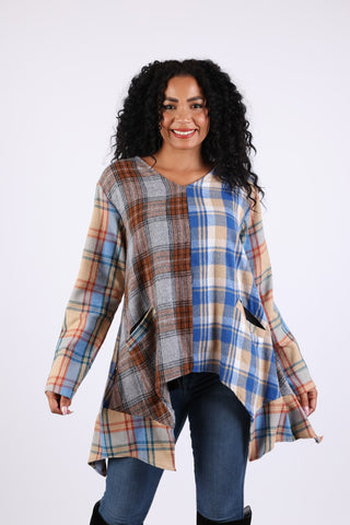 225603 Patchwork Plaid Tunic: Soft Tone Flannel