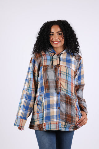 225604 Patchwork Plaid Hoodie Jacket: Soft Tone Flannel